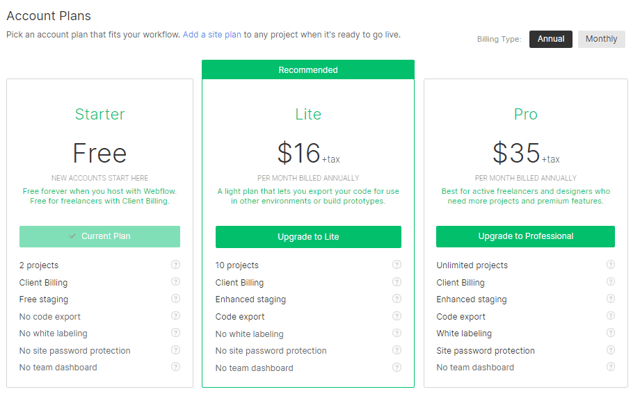 Nessa imagem temos detalhes dos planos de conta da Webflow. Eles começam pelo plano starter gratuito, o plano lite de 16 dólares ao mês e o plano pro por 35 dólares ao mês. Abaixo vemos a comparação detalhada dos planos. Para mais informações acesse o site da Webflow